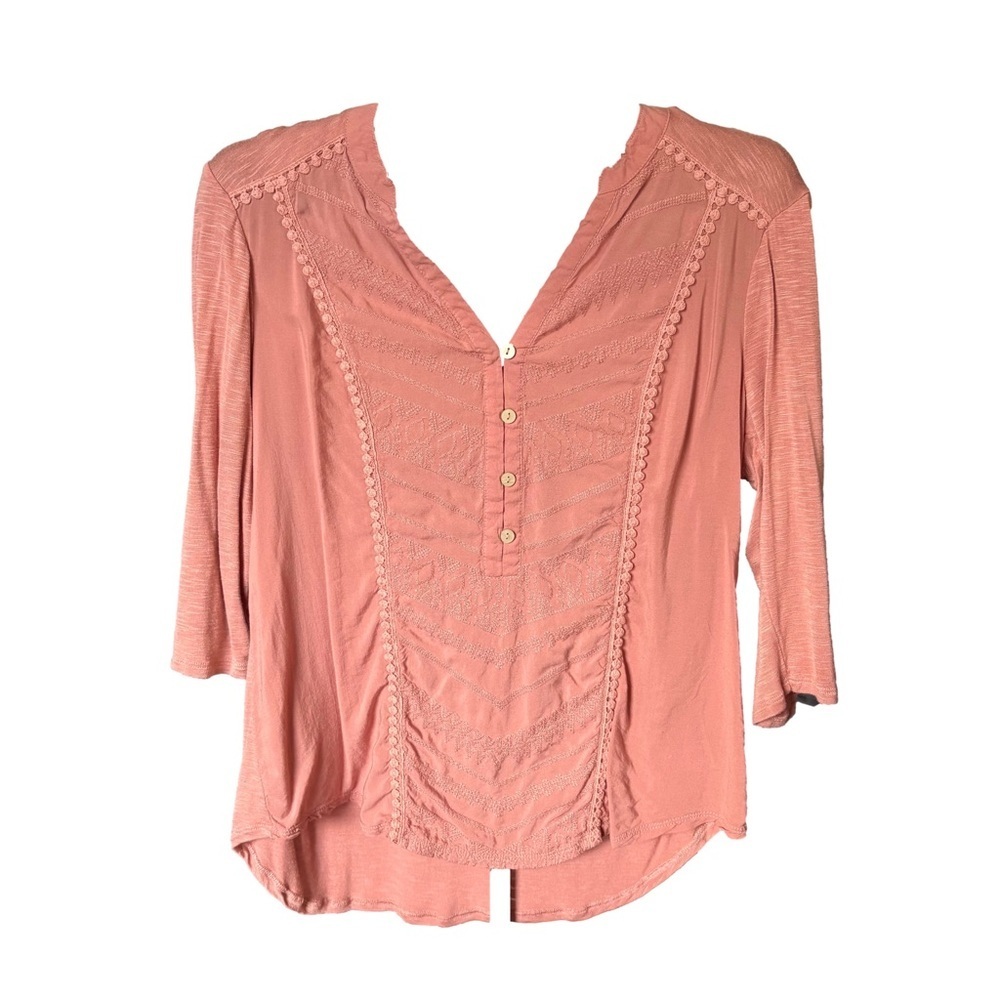 Democracy Women's Pink Boho Long Sleeve Popover Blouse, Large